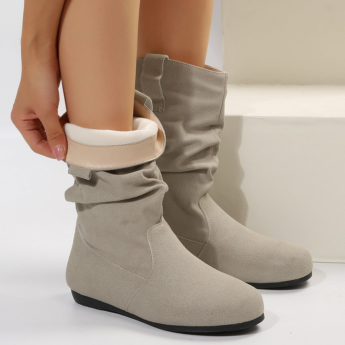 Round Toe Flat Boots Fashion Solid Color Suede Mid-calf Boot Winter Warm Shoes For Women