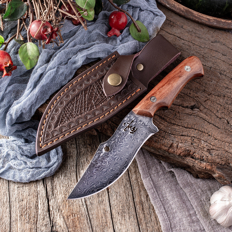 Damascus Steel Knife With Leather Sheath Hand Put Cattle And Sheep Cutting Meat Fruit Knife Outdoor Portable