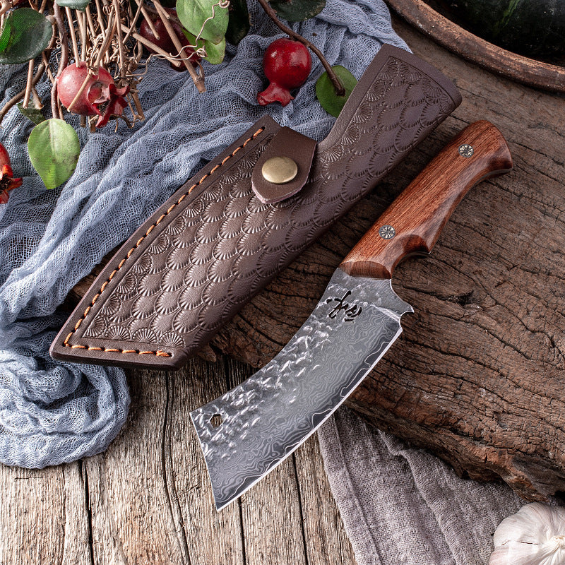 Damascus Steel Knife With Leather Sheath Hand Put Cattle And Sheep Cutting Meat Fruit Knife Outdoor Portable