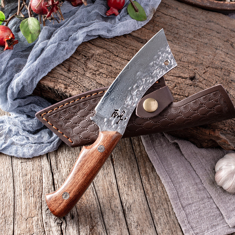 Damascus Steel Knife With Leather Sheath Hand Put Cattle And Sheep Cutting Meat Fruit Knife Outdoor Portable