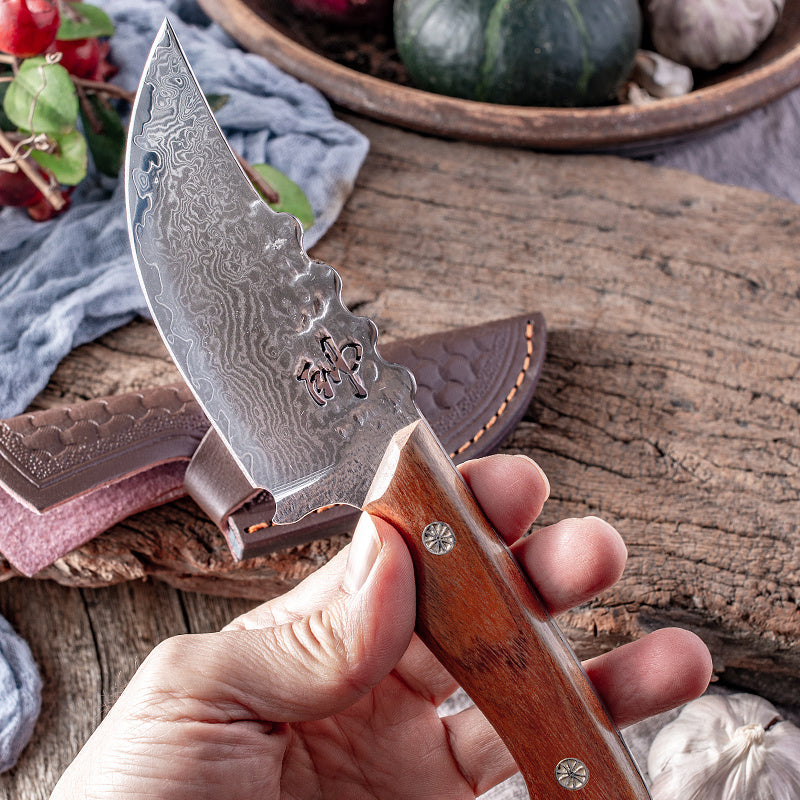 Damascus Steel Knife With Leather Sheath Hand Put Cattle And Sheep Cutting Meat Fruit Knife Outdoor Portable