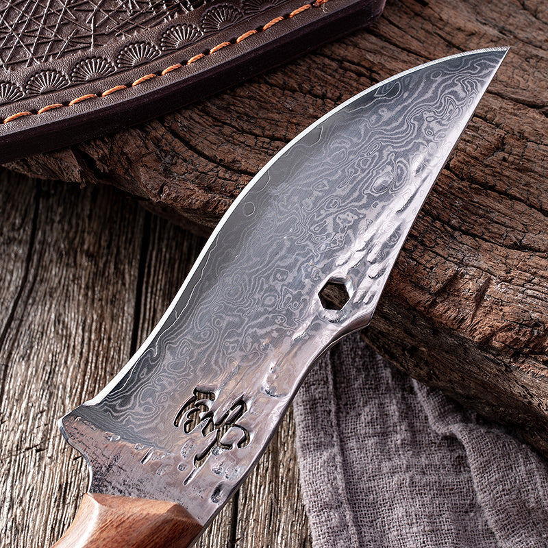 Damascus Steel Knife With Leather Sheath Hand Put Cattle And Sheep Cutting Meat Fruit Knife Outdoor Portable